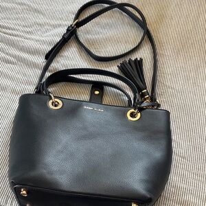 Anne Klein Black Pebbled Leather Satchel with Tassel Accent